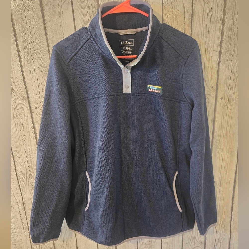 L.L. Bean Sweater Fleece Pullover Men's Size Large Navy Blue Quarter Button Up - Picture 3 of 8